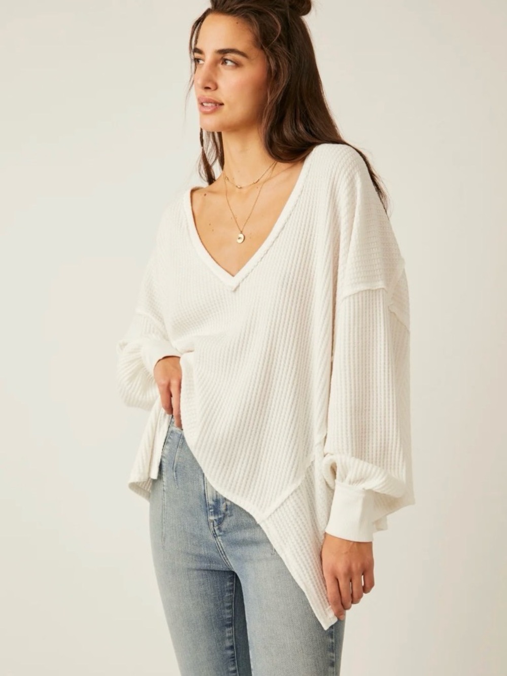 Free People We The Free Coraline Thermal Long-Sleeve V-Neck Top in Ivory, Size M
